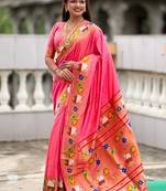 peach soft paithani style silk blend with zari weaving meenakari saree with blouse