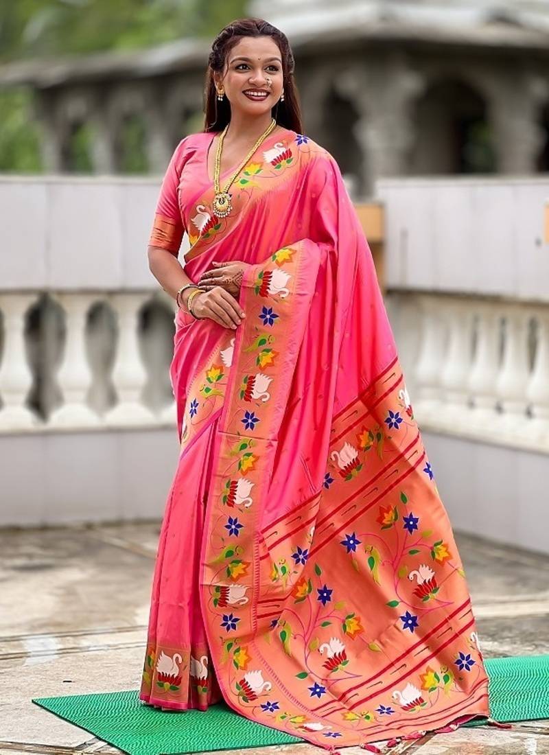 peach soft paithani style silk blend with zari weaving meenakari saree with blouse