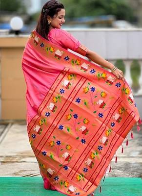 peach soft paithani style silk blend with zari weaving meenakari saree with blouse 2