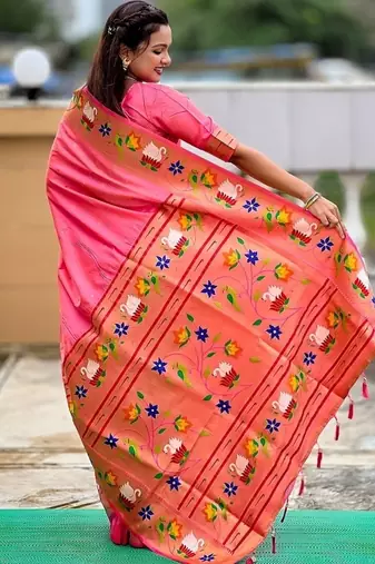 peach soft paithani style silk blend with zari weaving meenakari saree with blouse