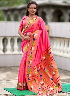 peach soft paithani style silk blend with zari weaving meenakari saree with blouse 3