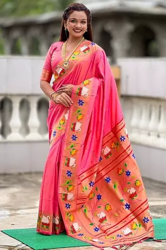 peach soft paithani style silk blend with zari weaving meenakari saree with blouse