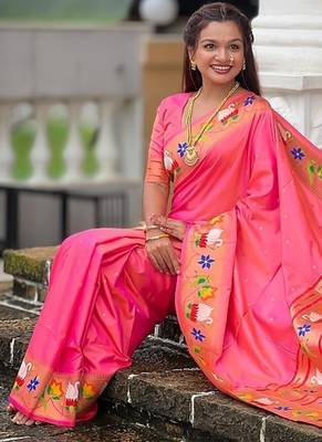 peach soft paithani style silk blend with zari weaving meenakari saree with blouse 4