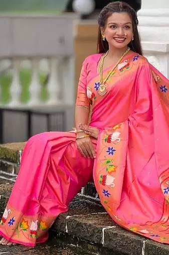peach soft paithani style silk blend with zari weaving meenakari saree with blouse