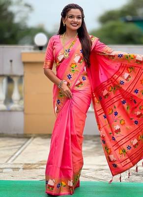 peach soft paithani style silk blend with zari weaving meenakari saree with blouse 5