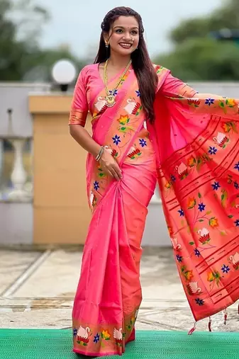 peach soft paithani style silk blend with zari weaving meenakari saree with blouse