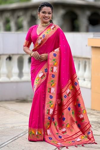 rani pink soft paithani style silk blend with zari weaving meenakari saree with blouse
