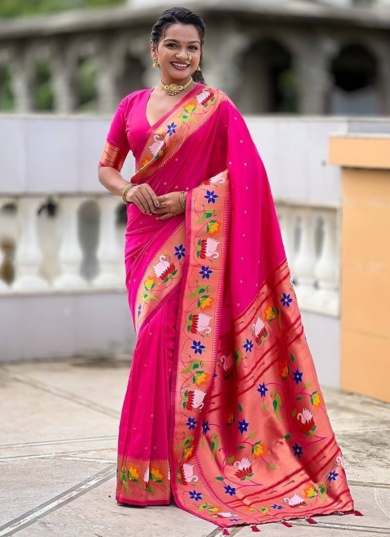 rani pink soft paithani style silk blend with zari weaving meenakari saree with blouse