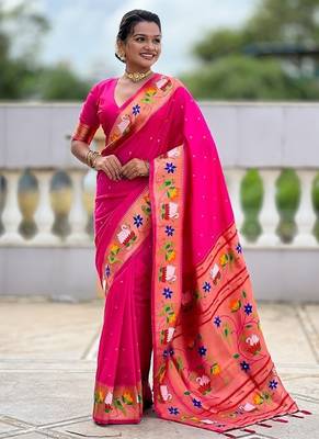 rani pink soft paithani style silk blend with zari weaving meenakari saree with blouse 3