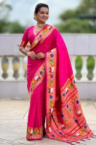 rani pink soft paithani style silk blend with zari weaving meenakari saree with blouse