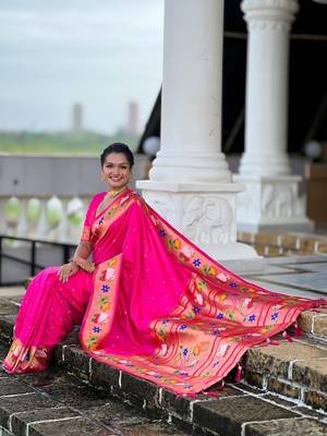 rani pink soft paithani style silk blend with zari weaving meenakari saree with blouse 4