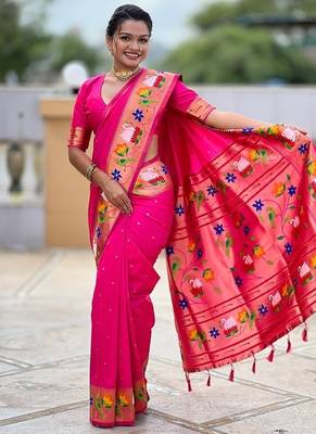 rani pink soft paithani style silk blend with zari weaving meenakari saree with blouse 5