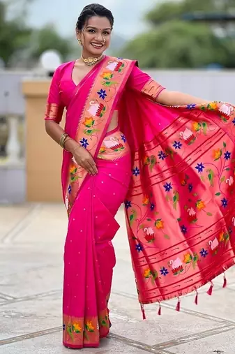 rani pink soft paithani style silk blend with zari weaving meenakari saree with blouse