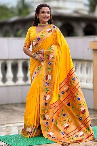 yellow soft paithani style silk blend with zari weaving meenakari saree with blouse