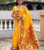 yellow soft paithani style silk blend with zari weaving meenakari saree with blouse
