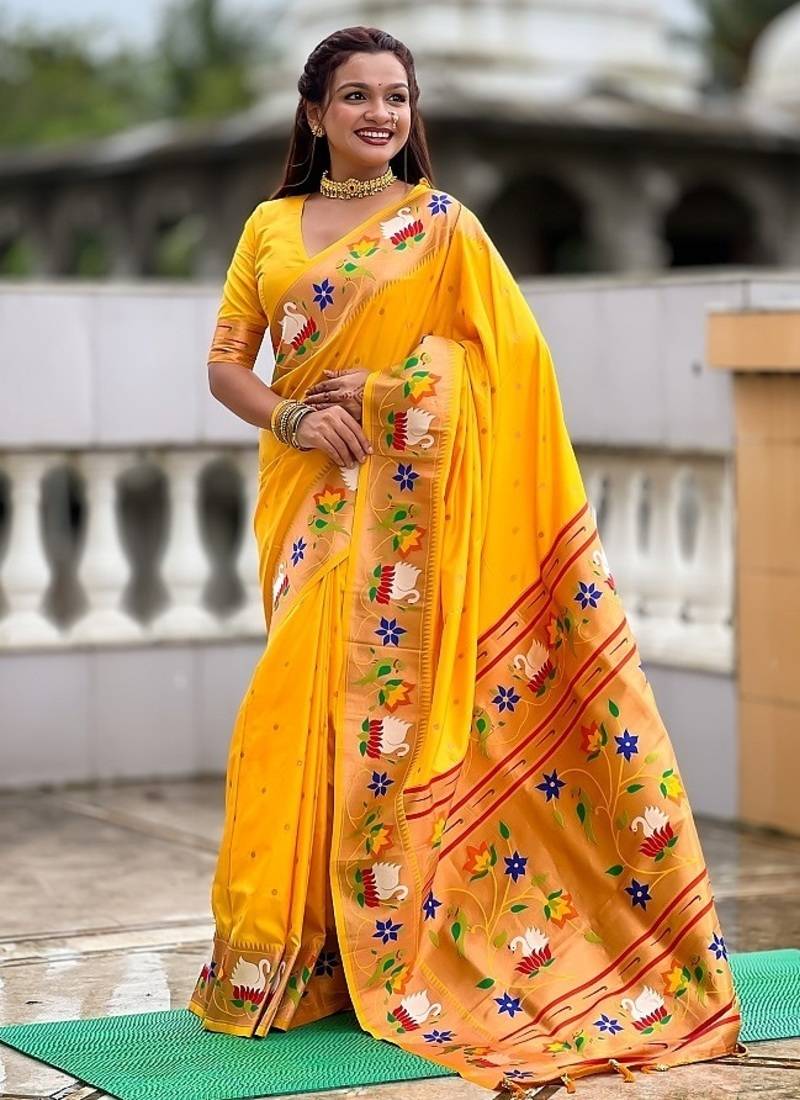 yellow soft paithani style silk blend with zari weaving meenakari saree with blouse