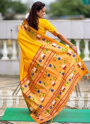 yellow soft paithani style silk blend with zari weaving meenakari saree with blouse 2