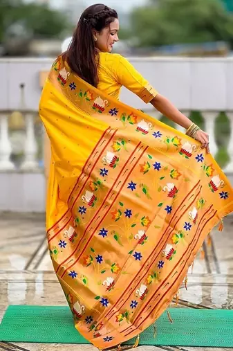 yellow soft paithani style silk blend with zari weaving meenakari saree with blouse