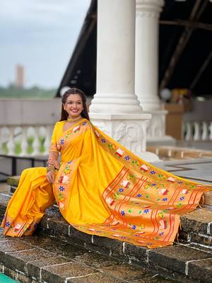 yellow soft paithani style silk blend with zari weaving meenakari saree with blouse 3