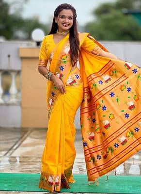 yellow soft paithani style silk blend with zari weaving meenakari saree with blouse 4