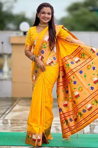 yellow soft paithani style silk blend with zari weaving meenakari saree with blouse