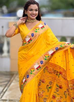 yellow soft paithani style silk blend with zari weaving meenakari saree with blouse 5