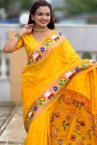 yellow soft paithani style silk blend with zari weaving meenakari saree with blouse
