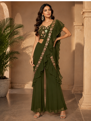 Trendy Green Sequence Ruffle Pre-Draped Sharara Saree with Sequence Embroidered Stitched Blouse. 1