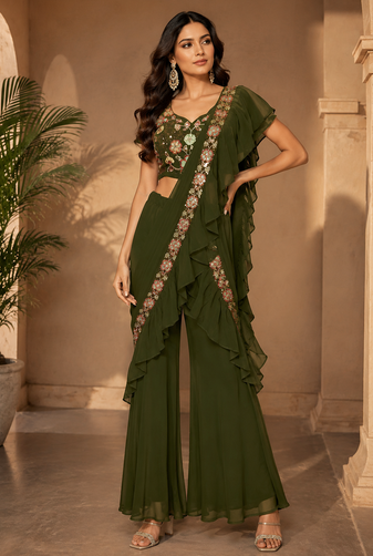 Trendy Green Sequence Ruffle Pre-Draped Sharara Saree with Sequence Embroidered Stitched Blouse.