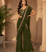 Trendy Green Sequence Ruffle Pre-Draped Sharara Saree with Sequence Embroidered Stitched Blouse.