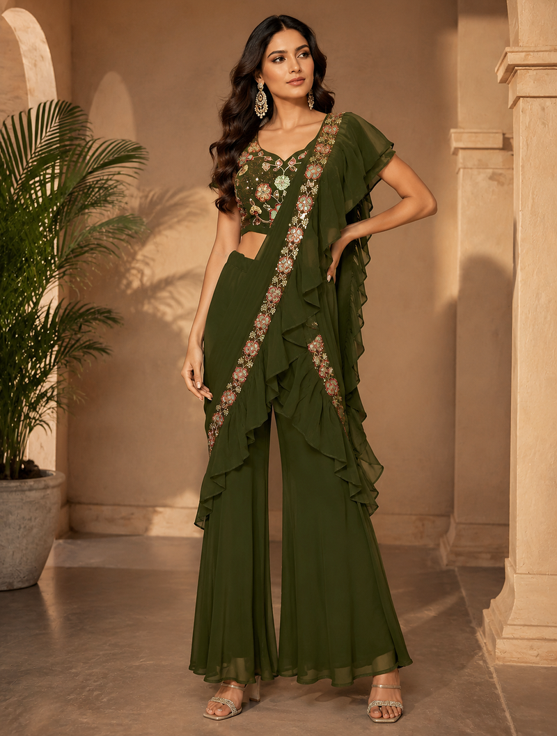 Trendy Green Sequence Ruffle Pre-Draped Sharara Saree with Sequence Embroidered Stitched Blouse.