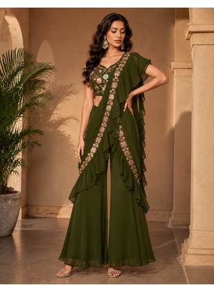 Trendy Green Sequence Ruffle Pre-Draped Sharara Saree with Sequence Embroidered Stitched Blouse. 2