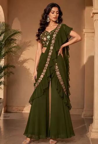 Trendy Green Sequence Ruffle Pre-Draped Sharara Saree with Sequence Embroidered Stitched Blouse.
