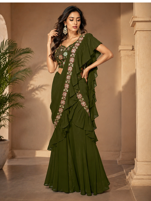Trendy Green Sequence Ruffle Pre-Draped Sharara Saree with Sequence Embroidered Stitched Blouse. 3
