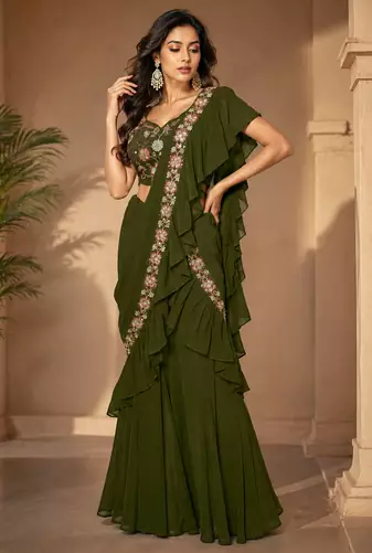 Trendy Green Sequence Ruffle Pre-Draped Sharara Saree with Sequence Embroidered Stitched Blouse.