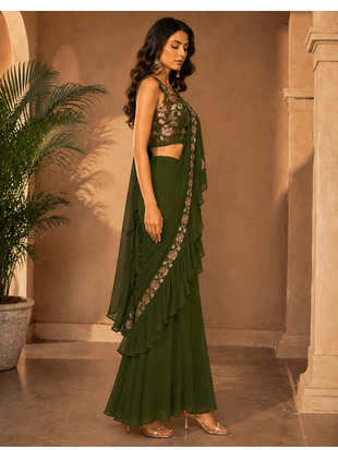 Trendy Green Sequence Ruffle Pre-Draped Sharara Saree with Sequence Embroidered Stitched Blouse. 4