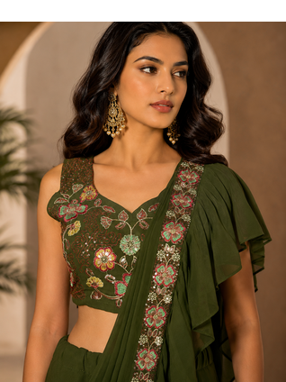 Trendy Green Sequence Ruffle Pre-Draped Sharara Saree with Sequence Embroidered Stitched Blouse. 5