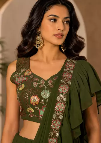 Trendy Green Sequence Ruffle Pre-Draped Sharara Saree with Sequence Embroidered Stitched Blouse.