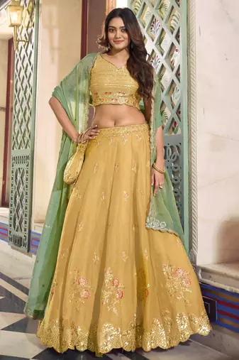 Yellow Thread Work Silk Haldi Wear Lehenga Choli With Dupatta
