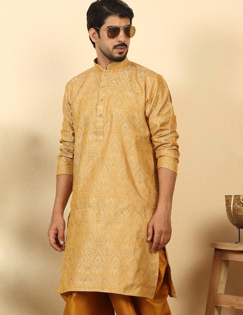 silk blend jacquard paisley beige kurta