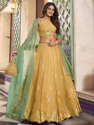 Yellow Thread Work Silk Haldi Wear Lehenga Choli With Dupatta 3