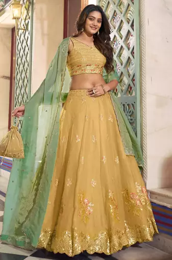 Yellow Thread Work Silk Haldi Wear Lehenga Choli With Dupatta