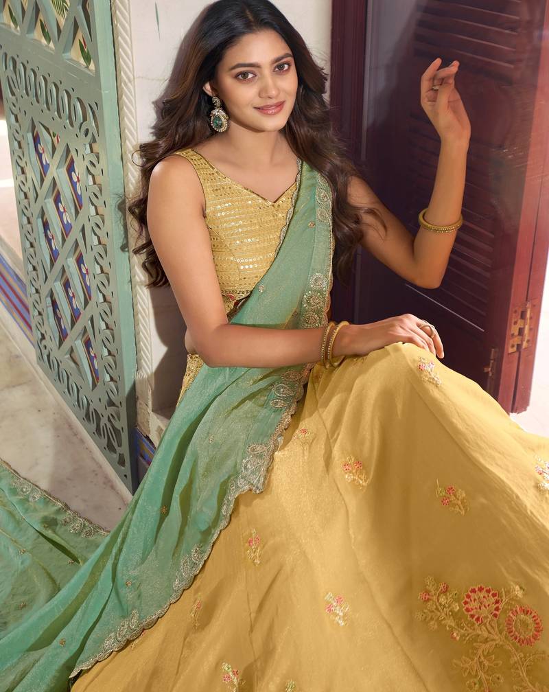Yellow Thread Work Silk Haldi Wear Lehenga Choli With Dupatta