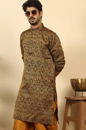 silk blend jacquard paisley black kurta