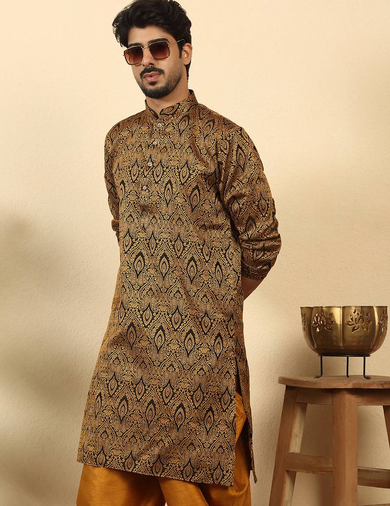 silk blend jacquard paisley black kurta