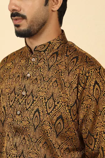 silk blend jacquard paisley black kurta