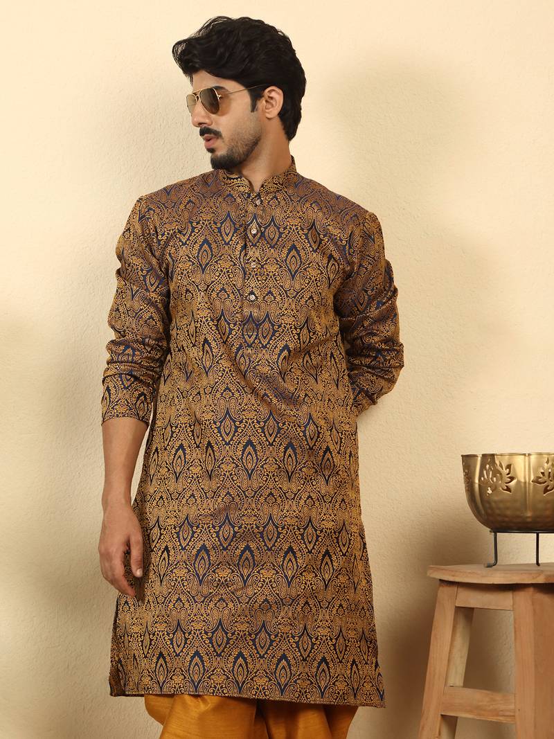 silk blend jacquard paisley blue kurta