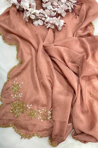 Peach Color hand cutdana khatli Work Silk Blend Saree