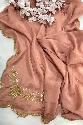 Peach Color hand cutdana khatli Work Silk Blend Saree