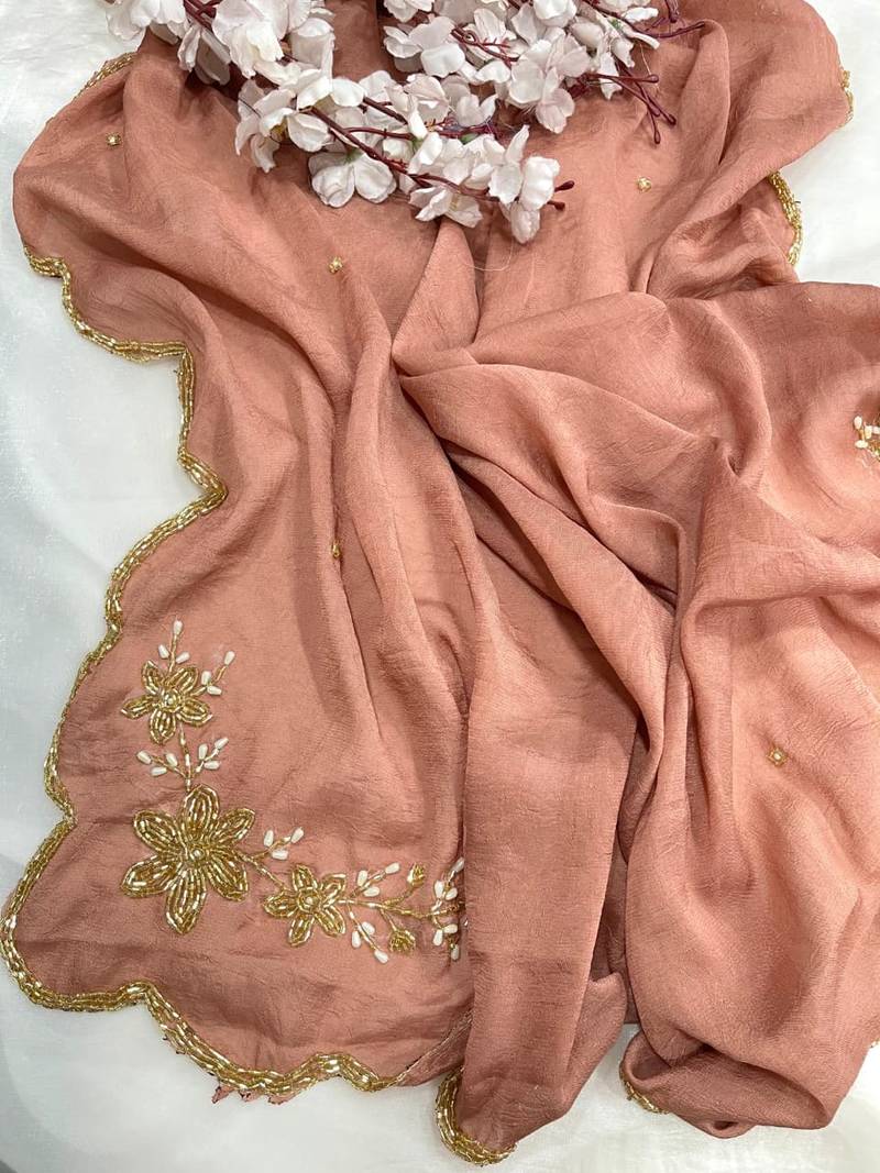 Peach Color hand cutdana khatli Work Silk Blend Saree